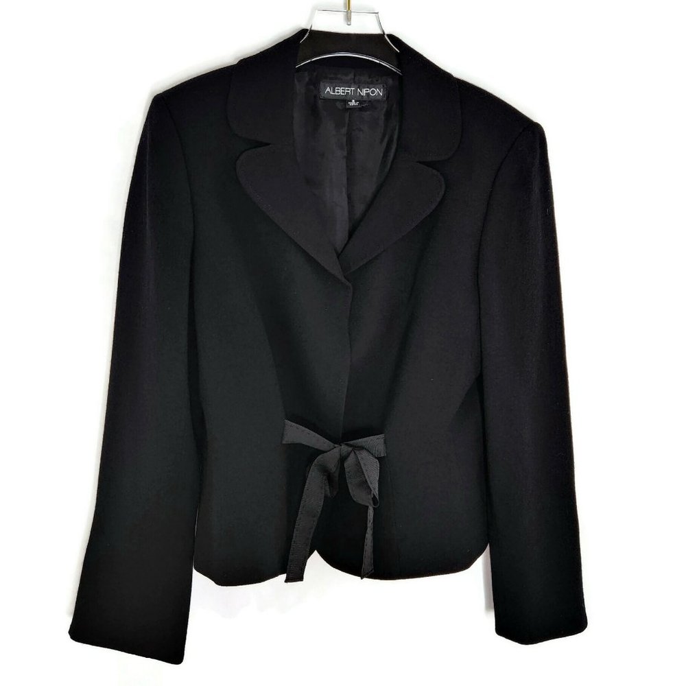 Albert Nipon Wool Suit Jacket 8 Black Ribbon Tie Front Career